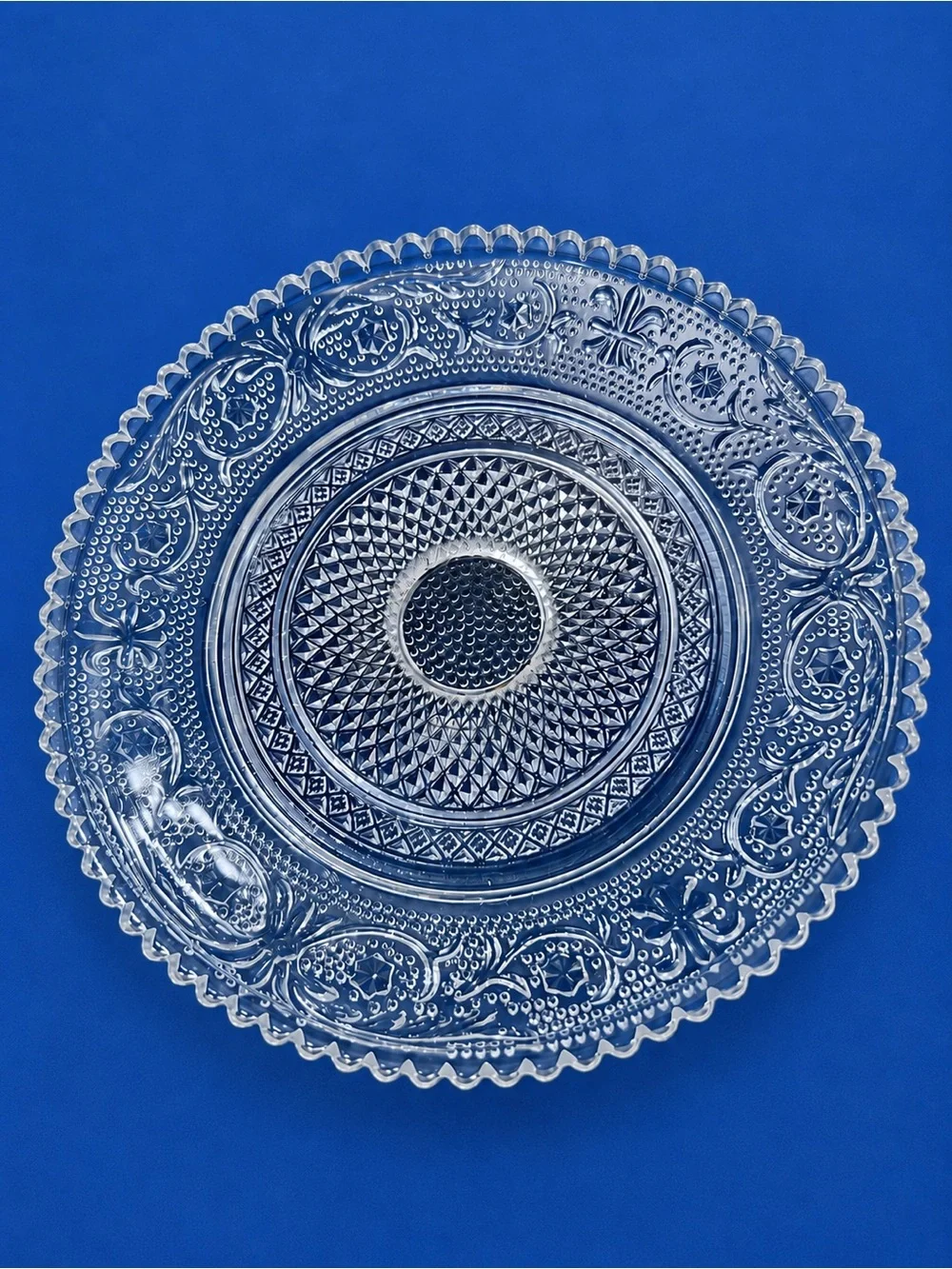 Pressed Glass Pedestal Serving Dish Ornate Scalloped Edge Clear Glass-Vintage